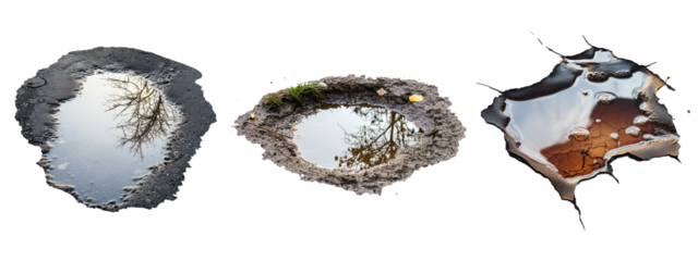 Set of water puddles with natural reflections, isolated on transparent background