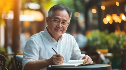 Happy elderly Asian man writing in a journal at an outdoor caf??, looking thoughtful and content, representing self-reflection and mental wellness in retirement
