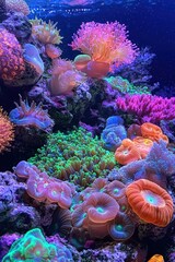 Fototapeta premium A coral reef teeming with glowing marine life.