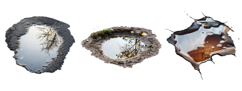Set of water puddles with natural reflections, isolated on transparent background