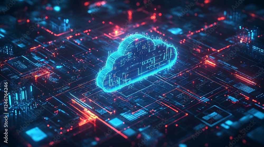 Poster a blue glowing cloud icon with data flowing connection background