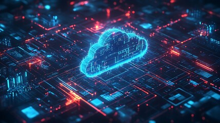 A blue glowing cloud icon with data flowing connection background