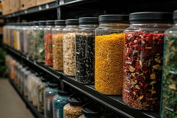 Zero-Waste Grocery Store: A shot of a grocery store aisle filled with bulk bins and reusable containers, promoting the concept of zero-waste shopping