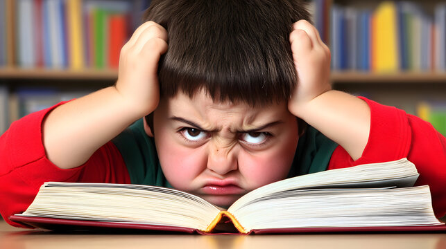 Young child facing challenges while studying in classroom, symbolizing perseverance and determination in overcoming academic difficulties.