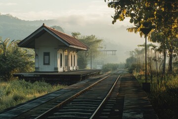 Obraz premium Old railway station surrounded by misty landscape in the early morning light