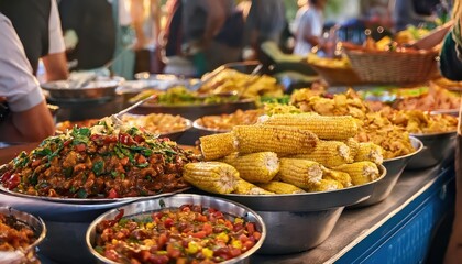 Colorful summer market filled with vibrant dishes and fresh corn delights