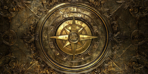 Obraz premium Vintage golden compass background with aged patina, intricate nautical detailing.