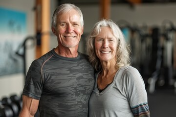 Portrait of a smiling caucasian couple in their 50s sporting a breathable hiking shirt while standing against dynamic fitness gym background