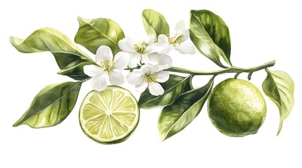 Watercolor Painting of Lime Branch with Blossoms