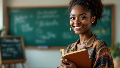 Smiling african female young adult teacher holding book in classroom