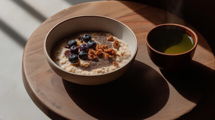 A brain-boosting breakfast with oatmeal, blueberries, and walnuts, rich in omega-3 and antioxidants. A warm and inviting morning meal for cognitive health and mental clarity.