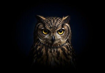 Owl with an intense, serious gaze, staring directly ahead on a dark navy background