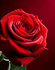 Vibrant red rose blooming against deep red background