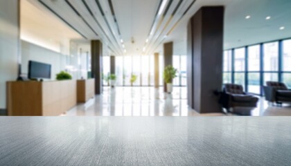 Fototapeta premium Blurred hotel or office building lobby blur background interior view toward reception hall, modern luxury white room space with blurry corridor and building glass wall window