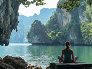 Fototapeta premium Serene Woman Meditating by Tranquil Waters