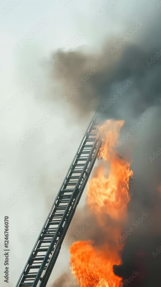 Aufkleber fire truck ladder extending towards a burning building engulfed in dense smoke and flames, creating 