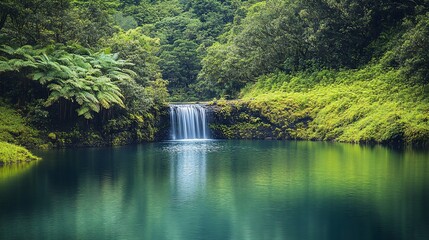 Tropical waterfall cascading into tranquil lagoon, lush rainforest background
