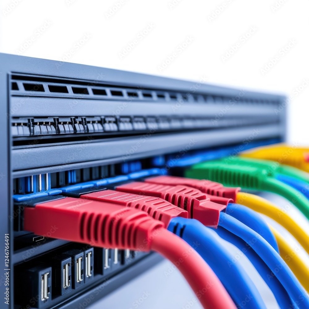 Poster colorful ethernet cables connected to network switch port in modern data center environment