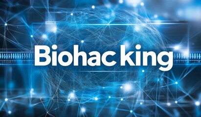 Digital Connections with Centered "Biohacking" Text on Blue Background