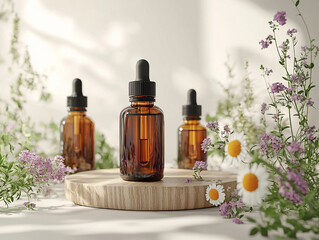 Essential herbal tincture bottles on marble stand with chamomile flowers and purple wildflowers in sunlight