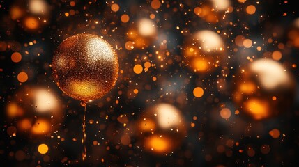 Golden balloon ascends, bokeh background, celebration
