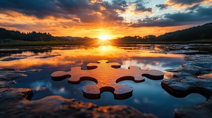 Puzzle piece against stunning sunset, symbolizing hope, challenge, and completion, perfect for motivational and personal growth content.