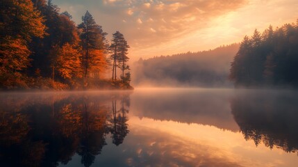 Fototapeta premium Autumn Sunrise Over Misty Lake With Colorful Trees