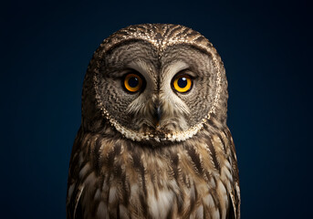 Obraz premium Owl with an intense, serious gaze, staring directly ahead on a dark navy background