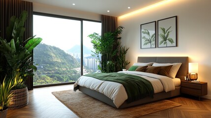 Fototapeta premium Modern bedroom interior featuring a bed and a large window providing natural light