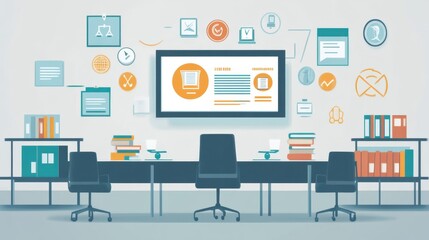 Interactive compliance e-learning course, modern digital classroom with animated legal icons