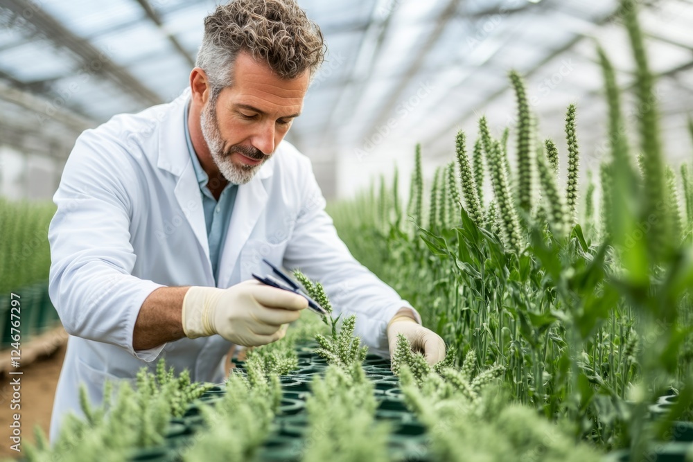 Poster a scientist in a white lab coat examining genetically modified crops in a research field