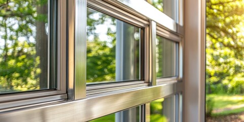 A close-up of stainless steel window frames in a net-zero energy office building, blending functionality with aesthetics