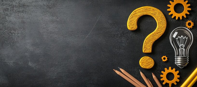 Hand-Drawn Illustration of Question Mark, Light Bulb, and Gears on Blackboard Background with Copy Space
