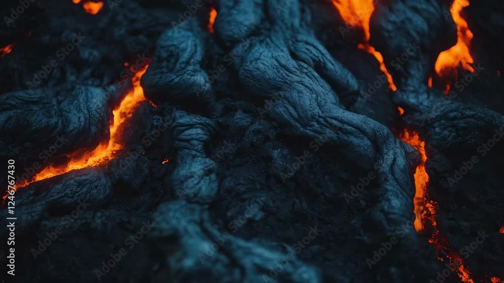 Poster solidifying lava flow gradually transforming into dark igneous rock, revealing glowing orange cracks