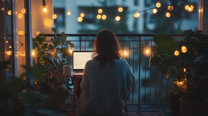 Fototapeta premium Cozy Evening Workspace with Laptop and Warm Lights in Urban Balcony Setting