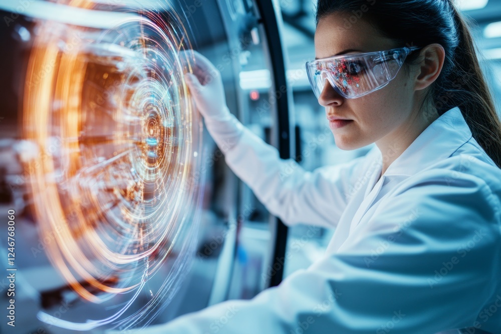 Leinwandbilder A scientist using a particle accelerator, analyzing high-energy collisions on a digital screen