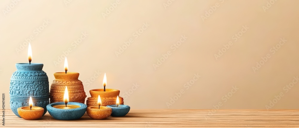 Poster group of assorted candles arranged on a rustic wooden table in a warm and inviting setting