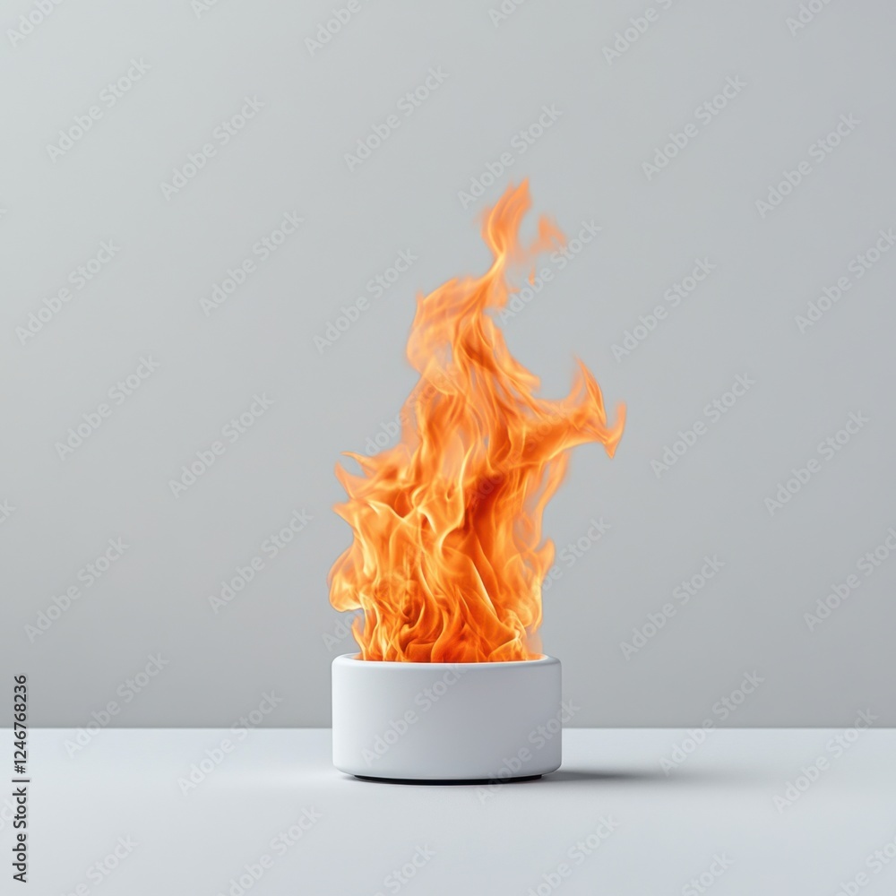 Poster flaming fire in a white bowl on a minimalist surface creating a bold and dramatic visual impact