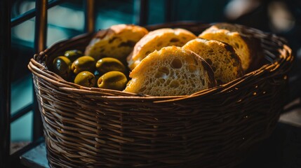 Bountiful Mediterranean Platter with Bread and Olives in a Rustic Basket