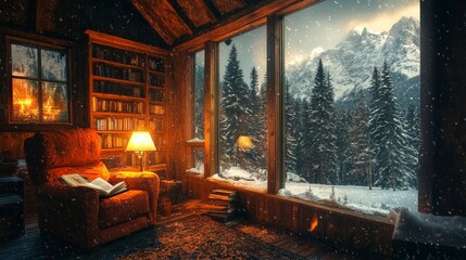 Cozy Cabin Interior with Firewood View of Snowy Mountains and Peaceful Forest