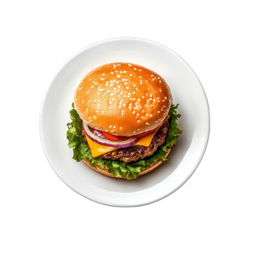 burger on white plate isolated on transparent background