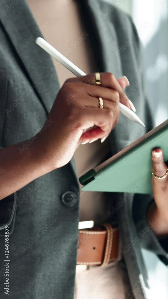 Poster Design, hands and tablet with employee person closeup in office for creative web development. Agenda, planning and schedule with business professional in workplace for online programming or research