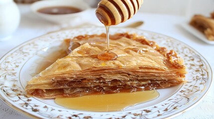 Delicious Middle Eastern Baklava Drizzled with Honey on Elegant Plate