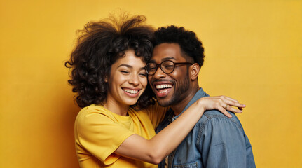Fototapeta premium Happy couple embracing. Joyful smiles. Yellow background. Relationship goals.