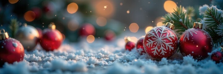 Delicate snowflakes fall gently amidst elegant ornaments, sparkling, ornaments, snowflake