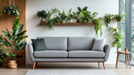 Obraz premium Couch with potted plants in a cozy living room setting with natural light and neutral decor