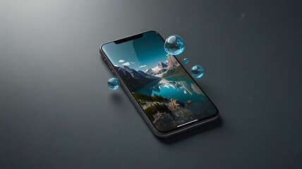 Modern smartphone displaying stunning mountain landscape scenery and bubbles