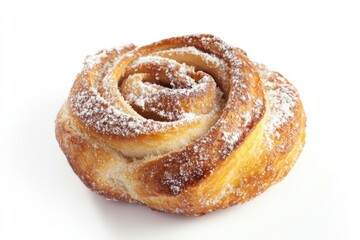 Delicious sugar bun with a golden crust and powdered sugar on a pristine white background