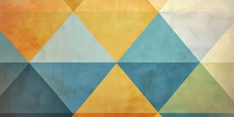 A modern geometric abstract background with layered pastel triangles in chambray blue, burnt orange, and sunshine yellow, creating depth and dimension.