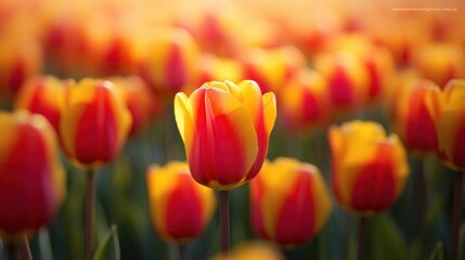 A vibrant close-up of a red and yellow tulip standing out among a field of blooming tulips.